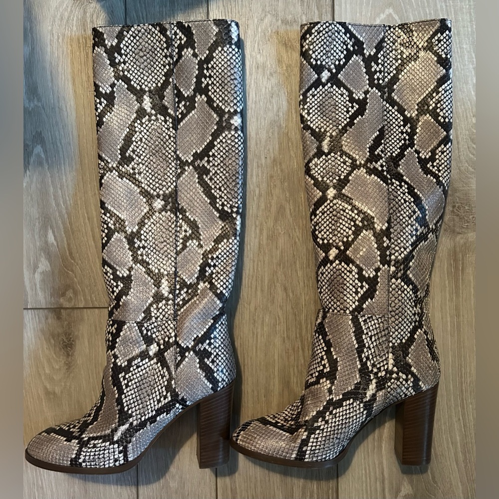J Crew Snakeskin Printed Leather Boots-Size 8.5- High Heel Knee Boots- W/box
